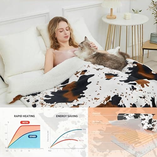 Heated Throw Blanket Cow Print Electric Blanket, Heating Blanket with 4 Heat Levels & 4-Hour Auto Shut-Off, Soft Flannel Sherpa Electric Throw, Machine Washable (White Cow Print, Throw) - Thumbnail 3