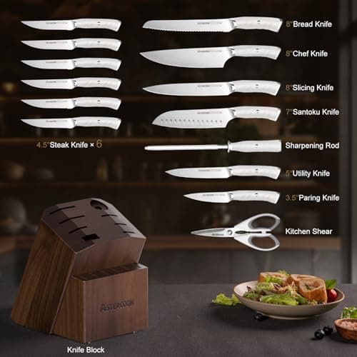 Knife Set, Astercook Kitchen Knife Set with Block, 15 Pcs Luxurious High Carbon German Stainless Steel Knives Set with Full Tang Ergonomic Handle, Dishwasher Safe Knife Set with Sharpening Rod - Thumbnail 2
