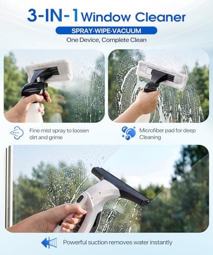 BIGITTA Window Vacuum Squeegee Cordless, 3-in-1 Electric Window Cleaner Tool with Spray & Microfiber Pad, Streak-Free 2200Pa Suction for Glass, Shower Doors, Mirrors, Tiles and Car Windows - Thumbnail 2