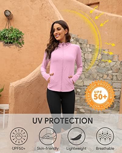 We1Fit Women's UPF 50+ Sun Protection Jacket Hooded Zip Up SPF Shirts Long Sleeves Pink - Thumbnail 6