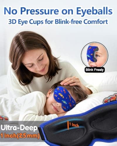 BeeVines Kids 3D Contoured Sleep Mask, 100% Blackout Sleeping Eye Masks for Boys, Pressure-Free Memory Foam Cushioned Eye Cover, Adjustable Strap, for Travel Gifts (Racing Car) - Thumbnail 3