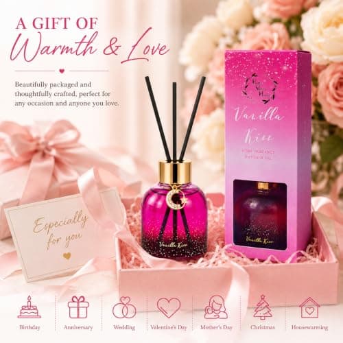 Reed Diffuser Set, Pretty Valley Home Diffuser 80Ml / 2.7 fl OZ Gift Box - Includes Reed Diffuser Sticks, Long Lasting Fragrance Oil and Glass Bottle for Office Living Room Decor (Vanilla kiss) - Thumbnail 5
