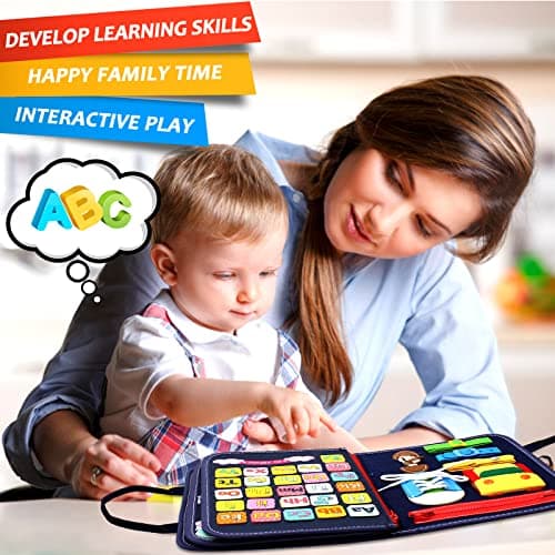 Qizfun Montessori Busy Board & Busy Book for Toddlers – Sensory & Learning Toy That Keeps Kids Busy, Travel Toy for Airplane & Car, Screen for Boys & Girls (Blue/P4) - Thumbnail 6