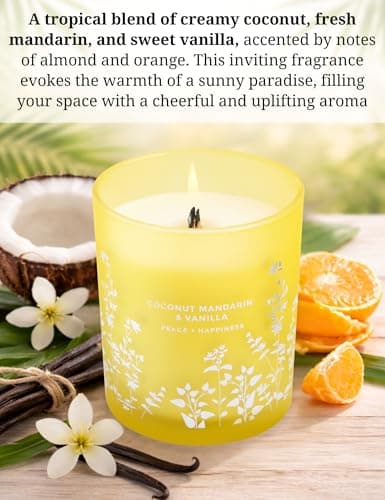 Coconut Mandarin Vanilla Wood Wick Candle | 10.6oz Yellow Glass Jar Soy Scented Candle for Home | Tropical Citrus Candles | Coconut Vanilla Aromatherapy Candle | Summer Beach Gift for Women & Men - Thumbnail 2