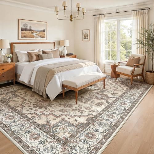 Jessibou 5x7 Area Rugs Living Room: Washable Vintage Rug Large Non-Slip Stain Resistant Ultra Soft Low Pile Pet Kids Friendly Carpets for Bedroom Dining Room Nursery Home Office Decor - Light Brown - Thumbnail 2