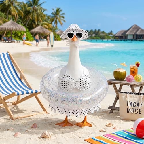 yuboo Summer Porch Goose Outfits for 23 Inch Goose, 5 Piece Hawaiian Bikini Goose Clothes with Swimming Ring, Sunglasses, Hat and Skirt, White Goose Statue Outfit for Pool Party Garden Yard Decor - Image 1