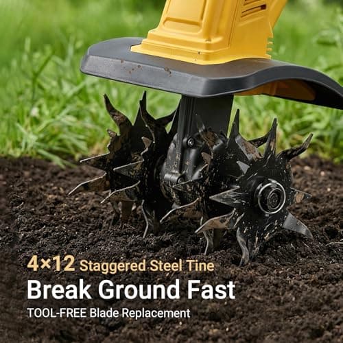 Cordless Brushless Garden Tiller Cultivator Compatible with DeWalt 20V Battery (Tool Only), 10’’ Wide 7’’ Deep Electric Soil Rototiller, 48-Tine Mini Rotary Areator for Garden Beds & Soil Preparation - Thumbnail 5