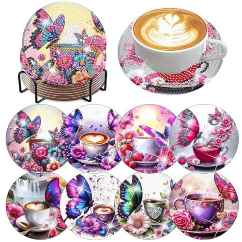 ijbnhd 8 Pack Diamond Art Coasters Kits, Butterfly Diamond Painting Coasters Kit with Holder, DIY Butterfly Diamonds Art Non Slip Coaster Crafts Kits for Adults Gifts 4x4 inch (Cork Wooden Pad) - Image 1