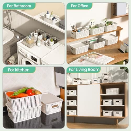 Plastic Storage Baskets with Lid-Plastic Storage Containers Stackable Storage bins: Storage Baskets for Organizing Shelves Drawers Desktop Closet Playroom Classroom Office,8 Pack-White10.2x7.2x4.1Inch - Thumbnail 6