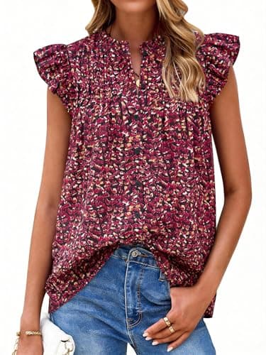 PRETTYGARDEN Women Button Down Boho Shirts Floral Ruffle Cap Sleeve Mock Neck Flowy Casual Summer Blouses Tops (Floral Wine Red, Large)