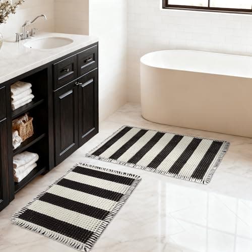 MatEssenz Bathroom Rugs Sets 2 Piece Absorbent Quick Drying Machine Washable,Non Slip, Bathroom Accessories, 17"x24"+18"x30", Black and White Stripes - Image 1