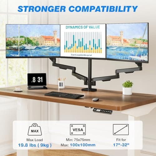 Triple Monitor Desk Mount Stand for 17"-32" Screens, Extra Tall & Long Desk Mount Hold up to 19.8lbs Each, Three Display Arm for Working Gaming with Tilt Swivel Rotation, VESA 75/100mm - Thumbnail 3