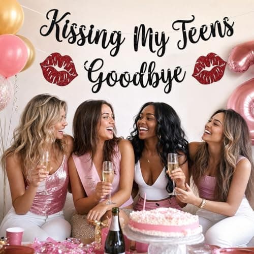 Black Glitter Kissing My Teens Goodbye Banner with Red Lips - Happy 20th Birthday Decorations for Girls Boys, Hello 20 Twenties Party Supplies, Funeral for My Youth Farewell 19 Photo Booth Backdrop - Thumbnail 3