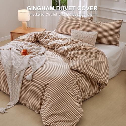 Yuncojin Gingham Duvet Cover Set Queen Size 3 Pieces Plaid Grid Duvet Cover,100% Cotton Plaid Comforter Cover,Farmhouse Checkered Gingham Bedding - Thumbnail 2