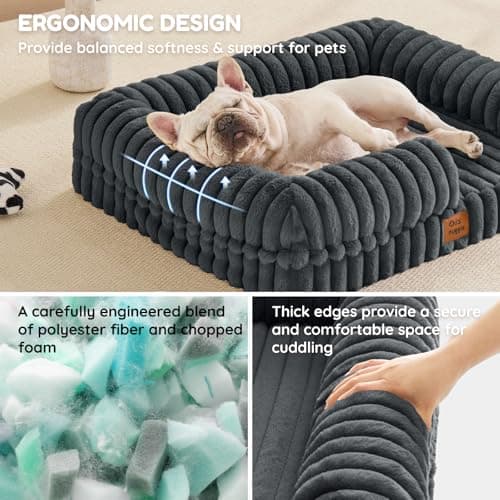 ChiXnuggle Orthopedic Dog Bed with Bolster Sides for Sleeping, Fluffy Plush Rectangular Dog Bed Medium Sized Dog, Luxury Striped Faux Fur Waterproof Dog Couch with Removable Washable Cover, Dark Grey - Thumbnail 2