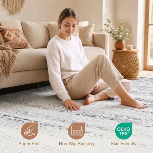 cotiled 5x7 Area Rug Living Room: Washable Boho Rugs with Non Slip Backing Large Soft Indoor Stain Resistant Carpet for Bedroom Farmhouse Dining Room Lightweight Home Decor Dark Grey - Thumbnail 4