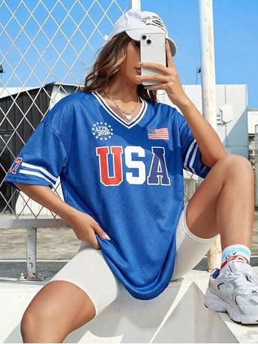 MYHALF 250th Anniversary USA Jerseys for Women - 4th of July Shirts American Flag Graphic Tee Patriotic Baseball Outfits - Thumbnail 4