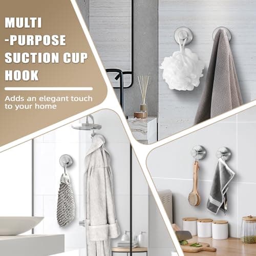 Fenas Suction Cup Hooks for Shower No-Drill Bathroom Hooks for Towels, Robes, Loofah Mountable on Bathroom Walls, Kitchen, Glass, Mirrors, Tile and Smooth,Non-Porous Surfaces (2, Brushed Nickel) - Thumbnail 4