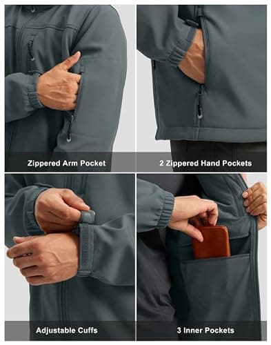 Pudolla Men's Softshell Jacket Fleece Lined Water Resistant Hooded Winter Coats for Men Outdoor Work Hiking with Pockets(Deep Grey Small) - Thumbnail 5