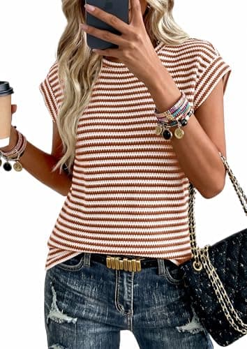 PRETTYGARDEN Women's 2026 Spring Vest Tops Cap Sleeve Striped Shirt Knit Tank Top Summer Beach Vacation Clothes (Striped Apricot Red Brown,X-Large) - Image 1