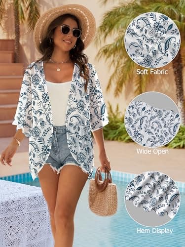 GKBK Women's Floral Print Puff Sleeve Kimono Cardigan Oversized Tropical Cruise Business Attire Tops Loose Cover Up Casual Blouse Tops Blue Floral L - Thumbnail 4