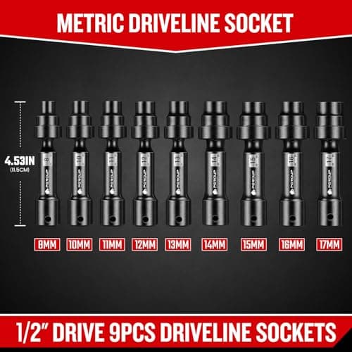 9-Piece 1/2'' Drive Driveline Limited Clearance Socket Set, 12-Point Metric Impact Swivel Socket Set, Cr-Mo Steel with Storage Case for Automotive & Industrial - Thumbnail 2