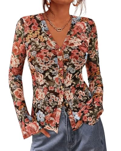 BTFBM Button Down Shirts for Women 2026 Fall Boho Tops V Neck Long Sleeve Blouses Ruched Mesh Fitted Fashion Clothing(Floral Black Red, XX-Large) - Image 1