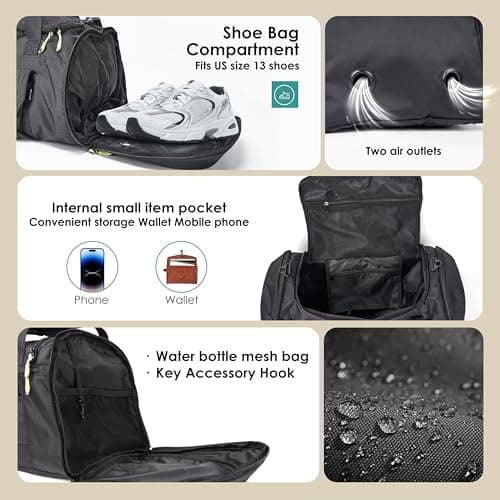 MOYSOON Small Gym Bag for Men & Women - Duffle Bag with Shoe Compartment, Multiple Pockets, Wet/Dry Compartment | Perfect for Travel, Fitness, Workout, Sports (Black) - Thumbnail 5