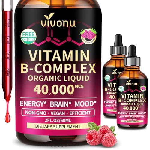 VivoNu Vitamin B Complex Liquid Drops, Methylated Vitamin B12 6000 mcg, B1, B6, B3, B5, B2, Folate, Biotin, Magnesium, Zinc, CoQ10 for Metabolism* & Energy Support, Raspberry Flavor - 2 Bottle