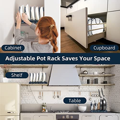 ROOHUA Expandable Pot and Pan Organizer - Cabinet Pot Lid Holder with 10 Adjustable Compartments for Cookware, Baking, Frying (Dark Blue, 10) - Thumbnail 6