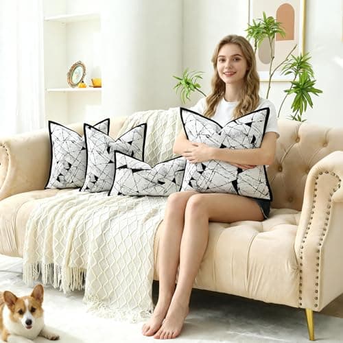 OLSUNOR Black and White Pillow Covers, 18x18 inch Textured Decorative Throw Pillow Covers w/Invisible Zipper & Velvet Flange Edge, Soft Chenille Jacquard Accent Pillow for Mother's Day, Home Decor - Thumbnail 2
