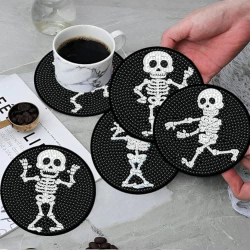 ijbnhd 8 PCS Skull Diamond Art Coasters Diamond Painting Coasters Kits with Holder Skeleton for Beginners Adults Crafts Supplies 4X4inch (Cork Wooden Pad) - Thumbnail 5