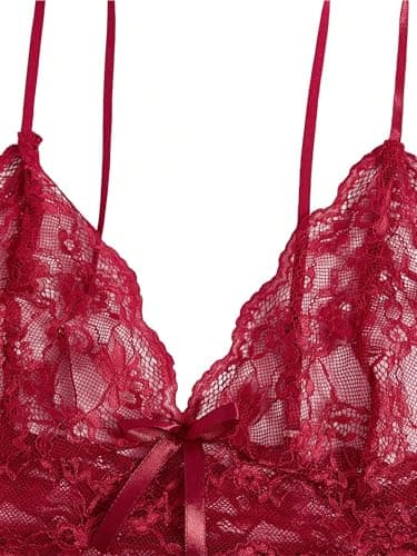 Rigeri Lingerie Set For Women Sexy Sheer Lace Bra And Panty Set Wine Red M - Thumbnail 2