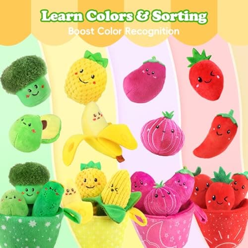 SAIMAND Baby Toys 6–12 Months, 16PCS My First Fruit Vegetable Sensory Toys for Babies Infants, Color Sorting Play Food with Crinkle & Rattle, Montessori Toys for 1 Year Old Toddlers Boys Girls - Thumbnail 4