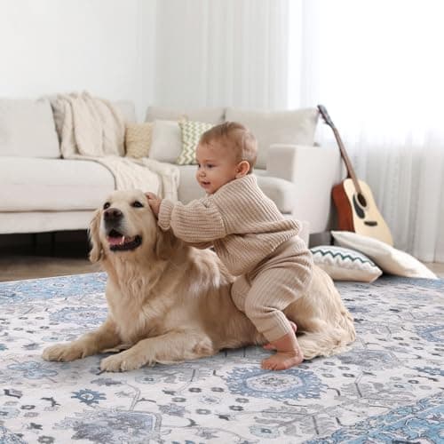 Vanmoos 4x6 Area Rug - Machine Washable, Non-Slip Soft Carpet for Living Room, Bedroom, Office, Dining Room - Durable Accent Rug for Farmhouse & High-Traffic Areas, Cozy Elegance/Blue - Thumbnail 4