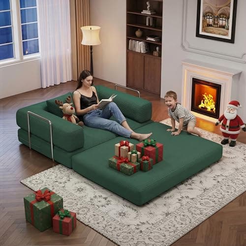 BSHOMGI Folding Sofa Bed Convertible Corduroy Couch Queen Size Floor Sleeper 4-in-1 DIY Combination Modular Lazy Sofas Fold Futon Lounge for Living Room (Green, 53.15" Double Sofa) - Thumbnail 3