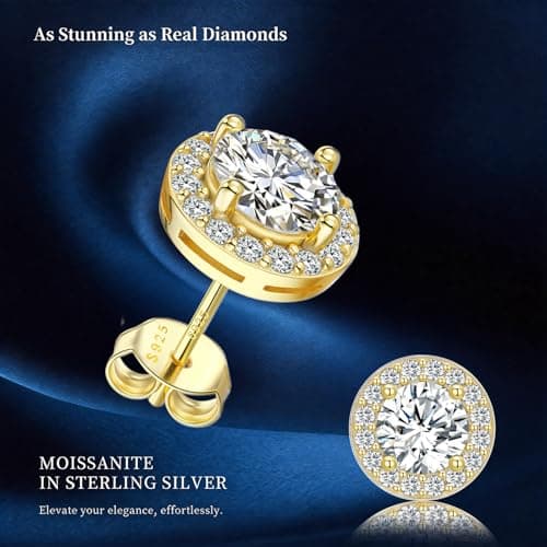 Lyniuoy Moissanite Stud Earrings For Women Men Cubic Zirconia Halo Sparkle Earring 14K Gold Plated 925 Sterling Silver Hypoallergenic Stud Gifts For Women Wife Girlfriend 6.5mm 1.0ct X2 - Thumbnail 5