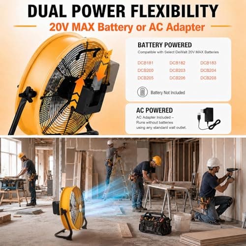 T-SUN 16" Cordless Battery Powered Fan Compatible with Dewalt 20V Max Battery, 360 Vertical Tilt, Metal Blade, High Velocity Portable Floor Fan for Garage, Jobsite, Workshop, Outdoor, Camping - Thumbnail 2