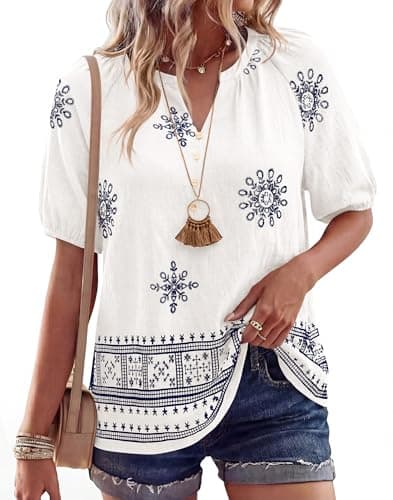 BTFBM Womens Summer Boho Tops Casual V Neck Short Sleeve Blouses Floral Print Shirt Tie Front Beach Vacation Fashion Clothing(Floral White Navy, Medium) - Image 1