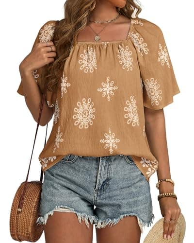 IEEILULU Boho Tops for Women Summer Square Neck Floral Print Loose Fit Blouses Tunic Casual Beach Vacation Shirts Yellow White XL - Image 1