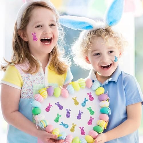 Oeyliz Easter Bunny Stickers Roll Easter Glitter Bunny Stickers Sparkly Colorful Rabbit Pattern Decals Easter Rabbit Adhesive Decal for Envelope Cards Gift Decor Holiday DIY Craft 500 PCS - Thumbnail 5