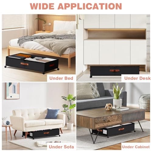 DCET 2 Pack Under Bed Storage with Wheels, 66L Rolling Underbed Containers with Clear Lid & Adjustable Dividers, 600D Oxford Fabric, Phthalate Free & Prop 65 Compliant, Heavy Duty Metal Frame, Black - Thumbnail 4