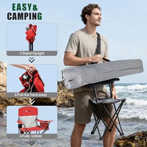 Portable Outdoor Folding Chair with Cup Holder & Cooler Bag - Breathable Mesh, Wide Armrests, Ergonomic Design for Camping, Beach, Backyard - Includes Storage Bag & Bottle Opener (Black/Green/Red) - Thumbnail 6