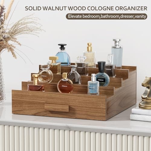Hrbjunuo Solid Walnut Cologne Organizer for Men,4 Tier Cologne Stand,Wooden Cologne Holder Display Shelf with Drawer Storage and Hidden Compartment,Perfume Stand Organizer,Gift for Men Dad Husband - Thumbnail 6