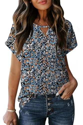 Dokotoo Womens Tops Boho Crewneck Short Sleeve Shirts for Women 2026 Summer Floral Print Chiffon Blouses for Women Dressy Casual Bohemian Top Shirts - Image 1