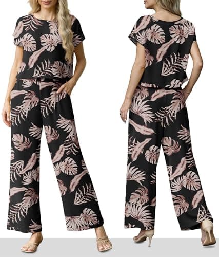 Lepunuo Women Summer 2 Piece Sets Cap Sleeve Crop Top Flowy Wide Leg Pants Matching Lounge Set Vacation Beach Travel Outfits - Thumbnail 4
