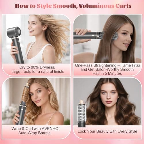 AVENHO 5 in 1 Hair Styler & Hot Air Brush - Air Curling Wrap with Low-Speed Negative Ion Technology, Hair Dryer Brush for Drying, Curling, Straightening & Styling, Hair Styling Tools at Home (Grey) - Thumbnail 2
