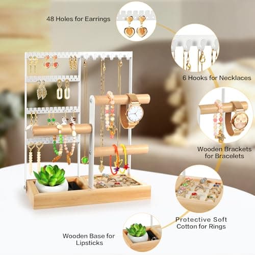 Godboat Jewelry Organizer, 4-Tier Earring Holder Organizer with 48 Holes, 6 Hooks Necklace Rack, Bracelet and Ring Stand with Wood Box, Gifts for Mothers Mom Women, Preppy Stuff & Room Decor, (White) - Thumbnail 2