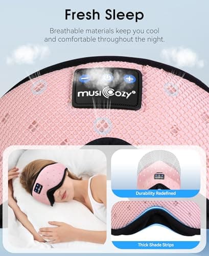 MUSICOZY Sleep Headphones Breathable Sleep Mask Bluetooth 5.4 Wireless Earphones Mask Sleeping Eyemask for Side Sleepers for Women Men Travel Meditation Gift (Mesh Pink) - Thumbnail 2