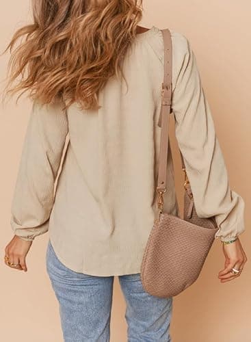 Dokotoo Business Casual Tops for Women Trendy Long Sleeve Tops 2026 Fashion Spring Outfits Loose Fit Basic V Neck Business Tshirts Textured Beige Top Blouse X-Large - Thumbnail 2